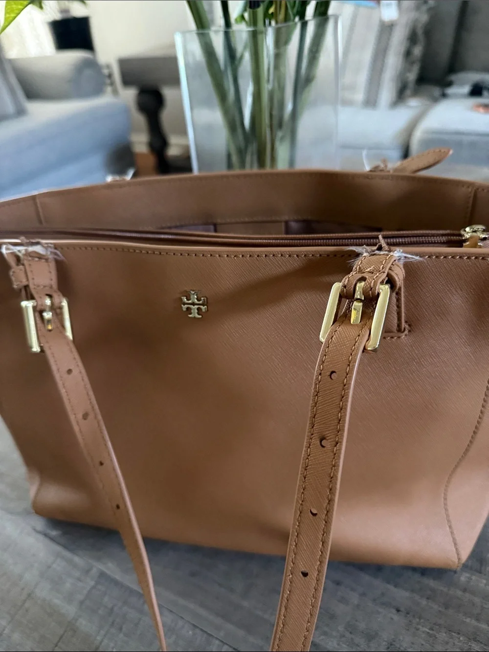 Tory Burch Saddle Tan Leather Tote with Gold Logo